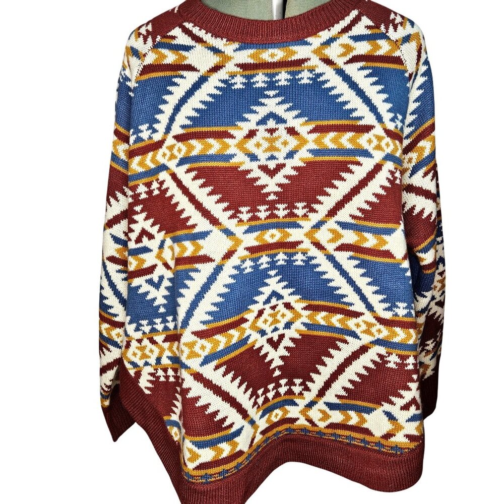 Woman's Cotton Rye boho southwestern asymmetrical hem raglan sleeve sweater L